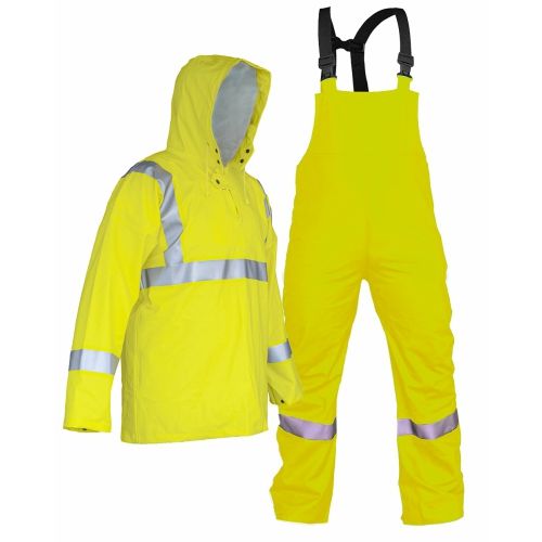 Impermeable de dos piezas con chamarra tipo sudadera, pantalón con peto y tirantes con reflejante en hombros, pecho, brazos y piernas SKU: DZ1014