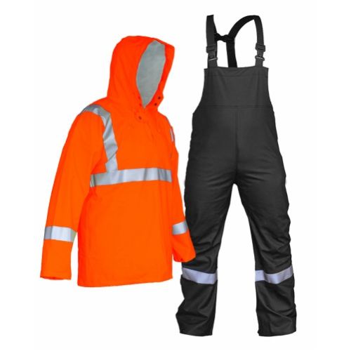 Impermeable de dos piezas con chamarra tipo sudadera, pantalón con peto y tirantes con reflejante en hombros, pecho, brazos y piernas SKU: DZ1014