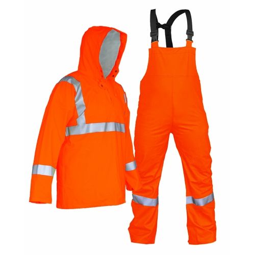 Impermeable de dos piezas con chamarra tipo sudadera, pantalón con peto y tirantes con reflejante en hombros, pecho, brazos y piernas SKU: DZ1014