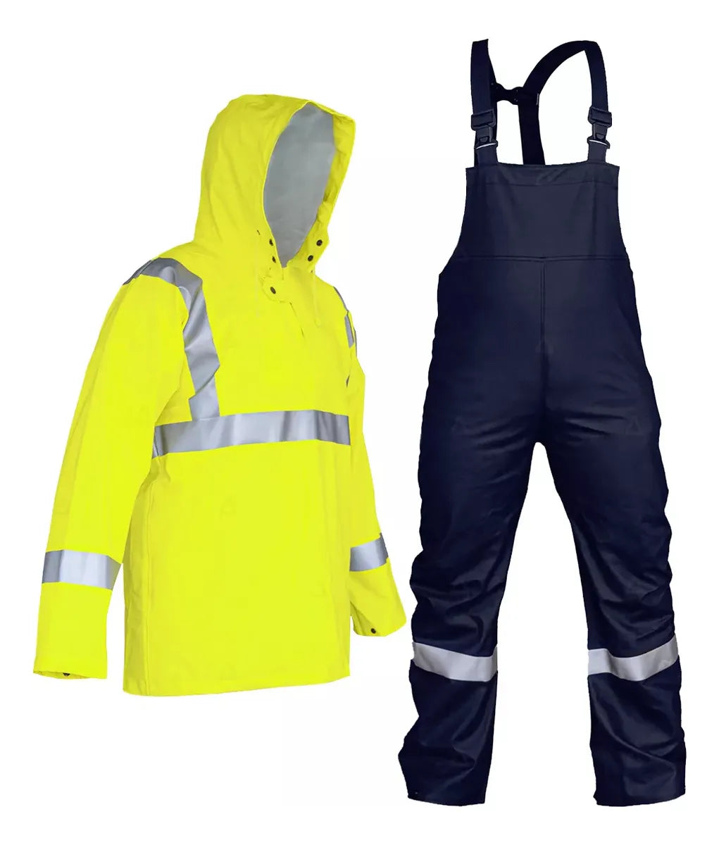 Impermeable de dos piezas con chamarra tipo sudadera, pantalón con peto y tirantes con reflejante en hombros, pecho, brazos y piernas SKU: DZ1014