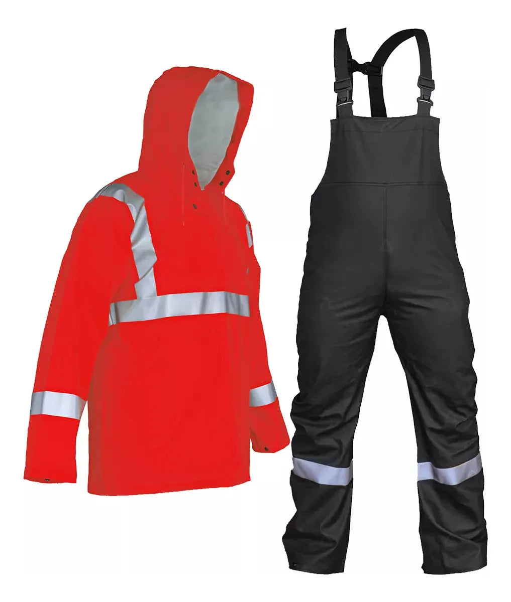 Impermeable de dos piezas con chamarra tipo sudadera, pantalón con peto y tirantes con reflejante en hombros, pecho, brazos y piernas SKU: DZ1014