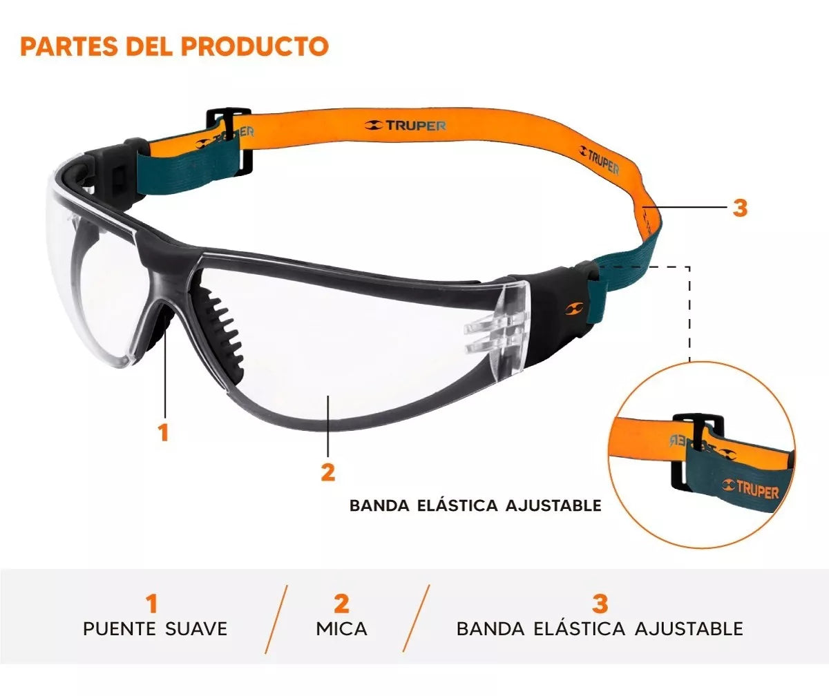 Lentes de seguridad, transparente con banda elástica, Active