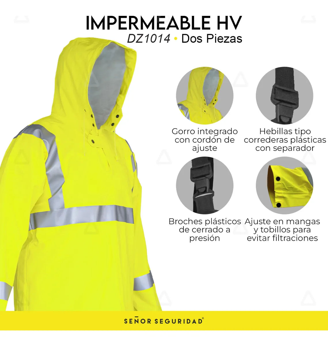 Impermeable de dos piezas con chamarra tipo sudadera, pantalón con peto y tirantes con reflejante en hombros, pecho, brazos y piernas SKU: DZ1014