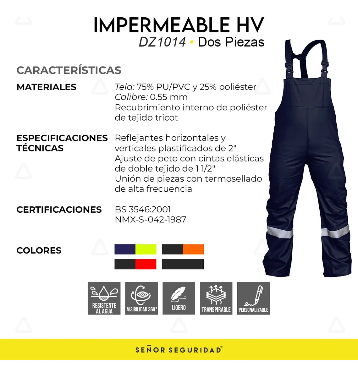 Impermeable de dos piezas con chamarra tipo sudadera, pantalón con peto y tirantes con reflejante en hombros, pecho, brazos y piernas SKU: DZ1014