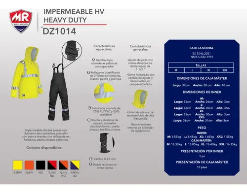 Impermeable de dos piezas con chamarra tipo sudadera, pantalón con peto y tirantes con reflejante en hombros, pecho, brazos y piernas SKU: DZ1014