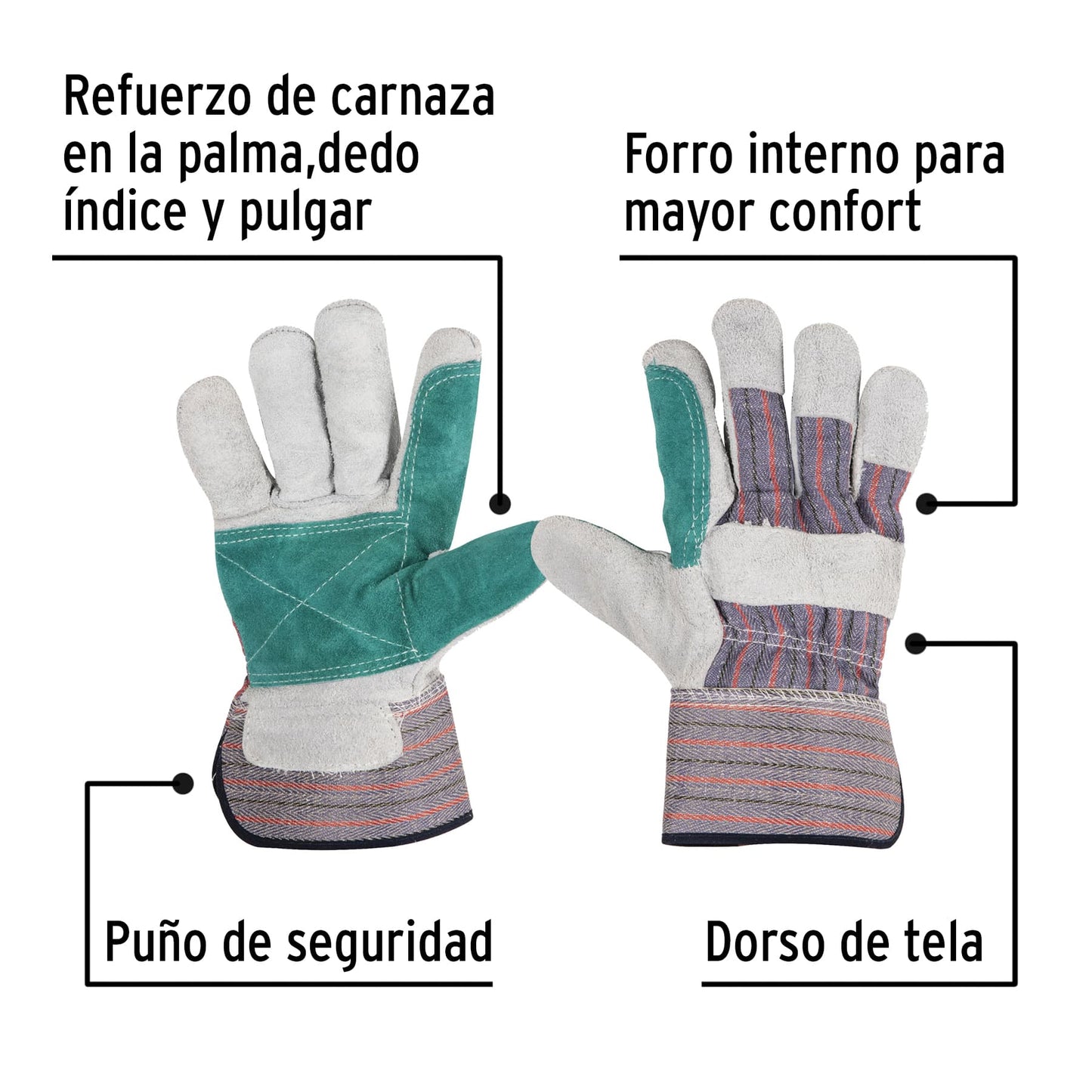 29977 Guantes de carnaza y loneta con refuerzo, unitalla, Pretul