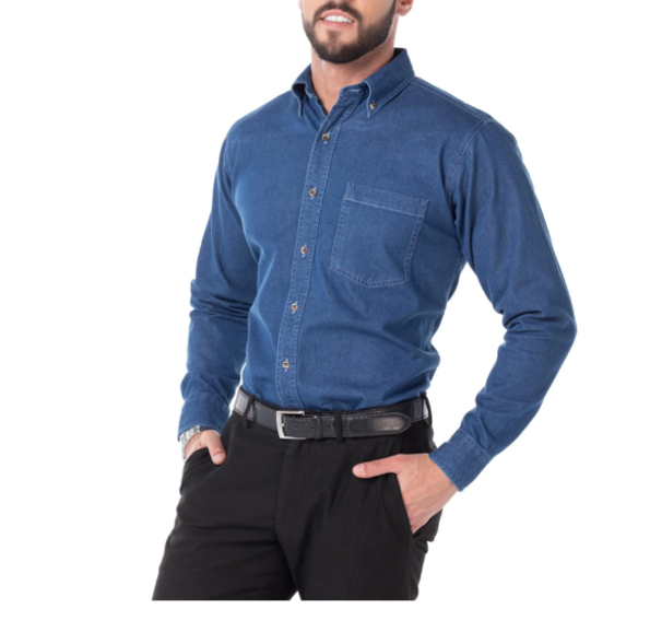 Camisa de Mezclilla Manga Larga para Caballero · 100% Algodón · Color Índigo Claro