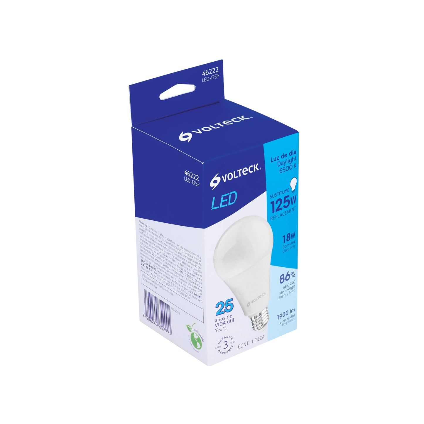 Lámpara LED tipo bulbo A19 18 W luz de día, caja, Volteck