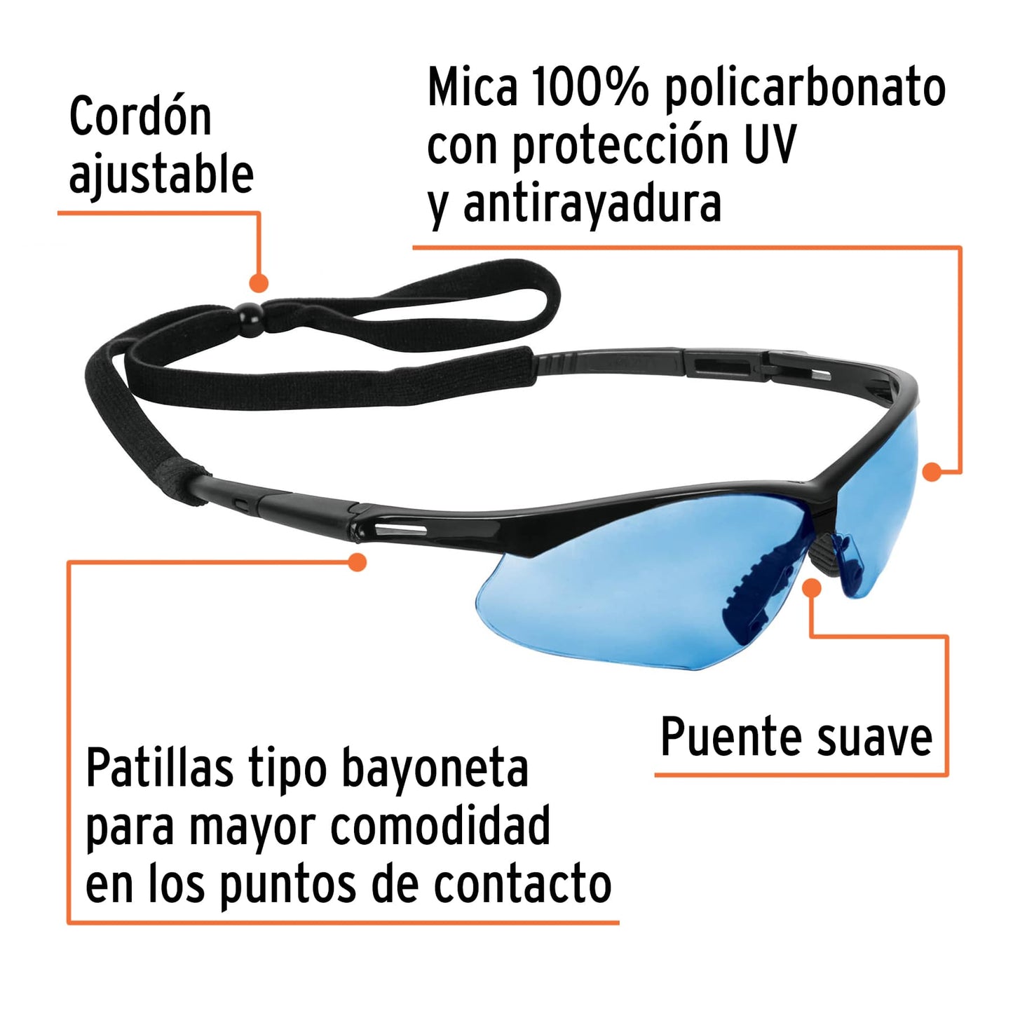 Lentes seguridad antiempaño c/cordón ajustable, Sport