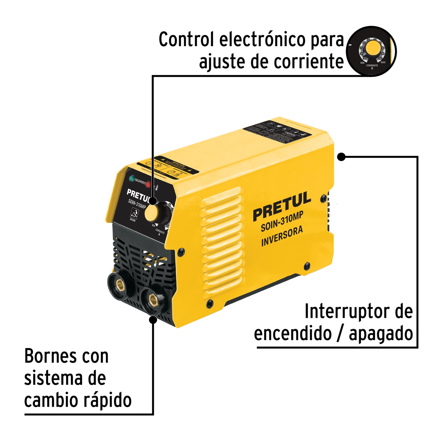 Mini soldadora inversora 130A, bi-voltaje, Serie 300, PRETUL