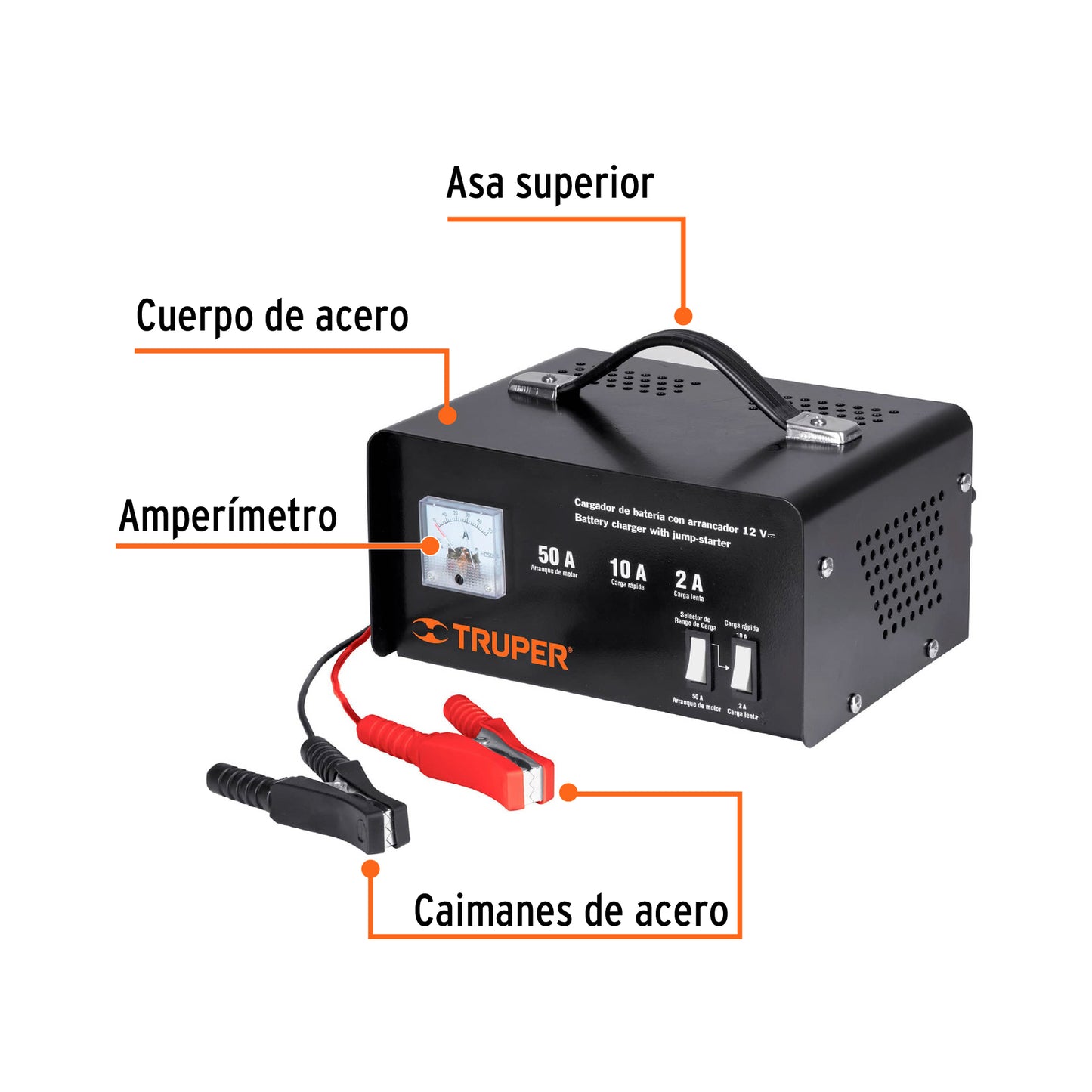 13027 CARBA-50 Cargador de 50 A para baterías de 12 V, TRUPER