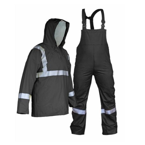 Impermeable de dos piezas con chamarra tipo sudadera, pantalón con peto y tirantes con reflejante en hombros, pecho, brazos y piernas SKU: DZ1014