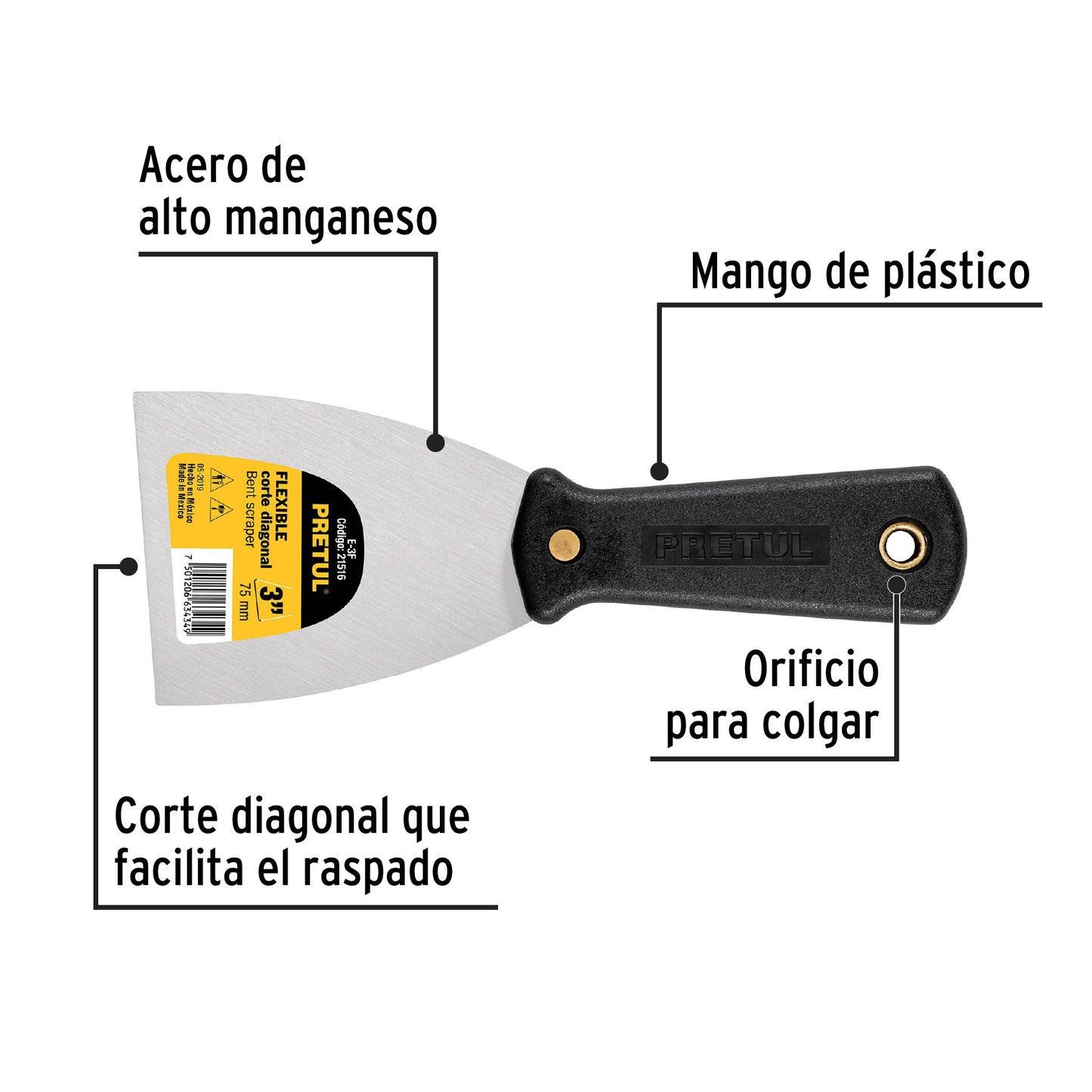 Espátula flexible 3" con mango de plástico, Pretul