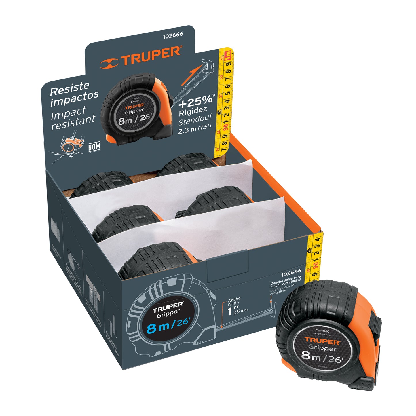 Código: 102666 Clave: FH-8MC Flexómetro Gripper 8 m cinta 25 mm display box con 6 piezas