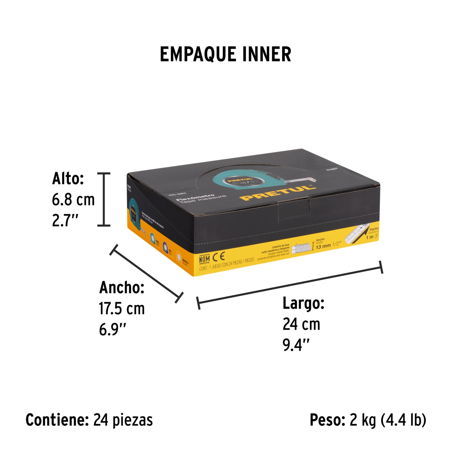 Flexómetro 3 m cinta 13 mm, display box con 24 pzas, PRETUL