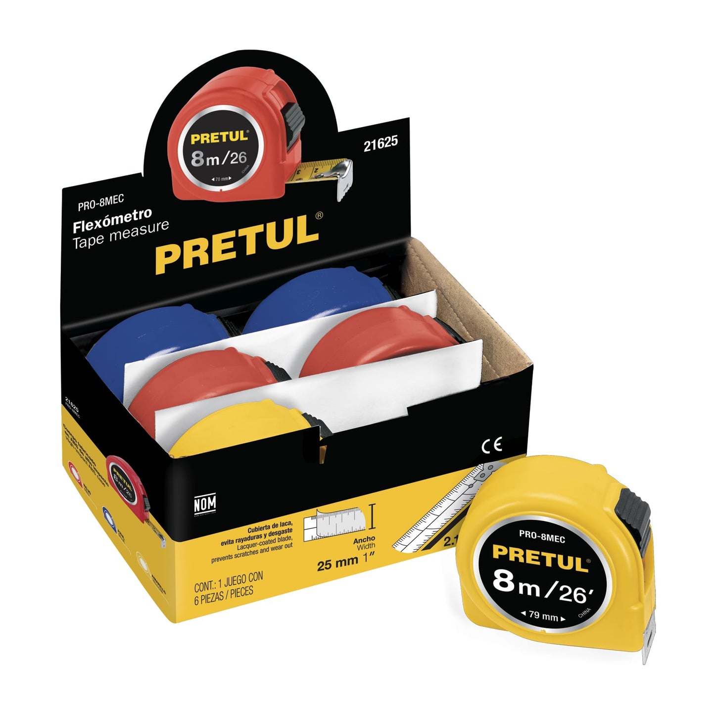 Flexómetro 8 m cinta 25 mm, INDIVIDUAL O display box con 6 pzas, PRETUL