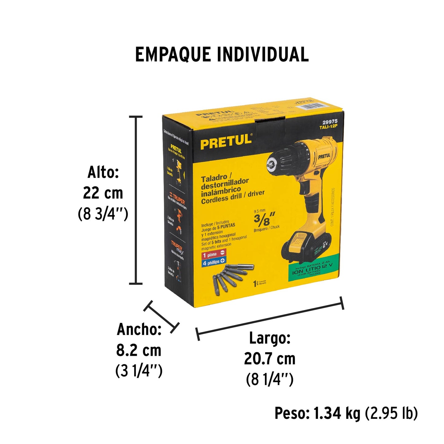 Taladro 3/8", 12V, 1 batería 2Ah, PRETUL