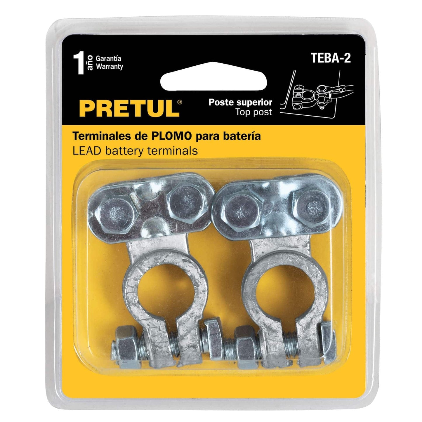 Blíster 2 terminales p/batería, plomo poste superior, Pretul